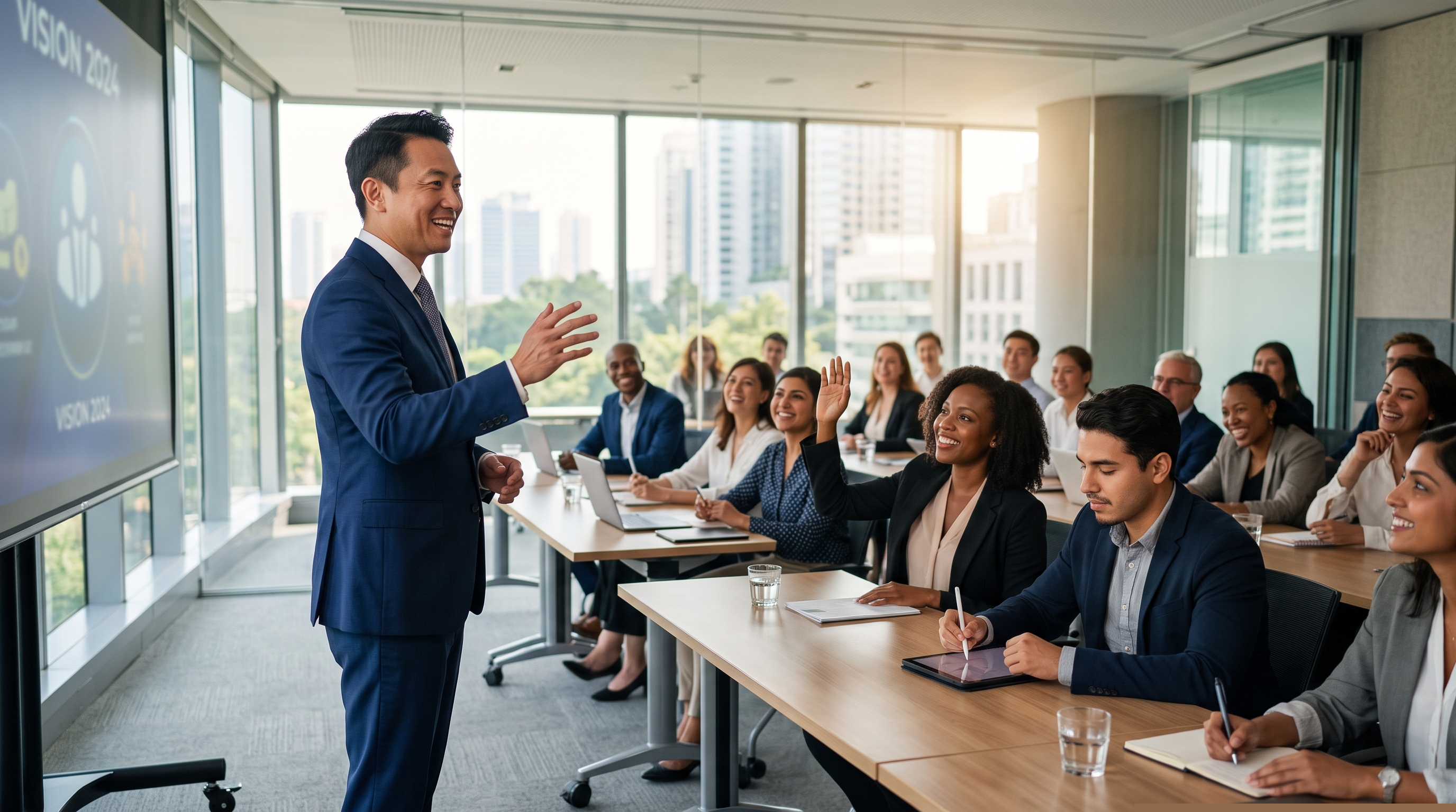 Confident Asian business leader presenting to an engaged diverse team in a modern sunlit conference room, embodying leadership, collaboration, and professional growth